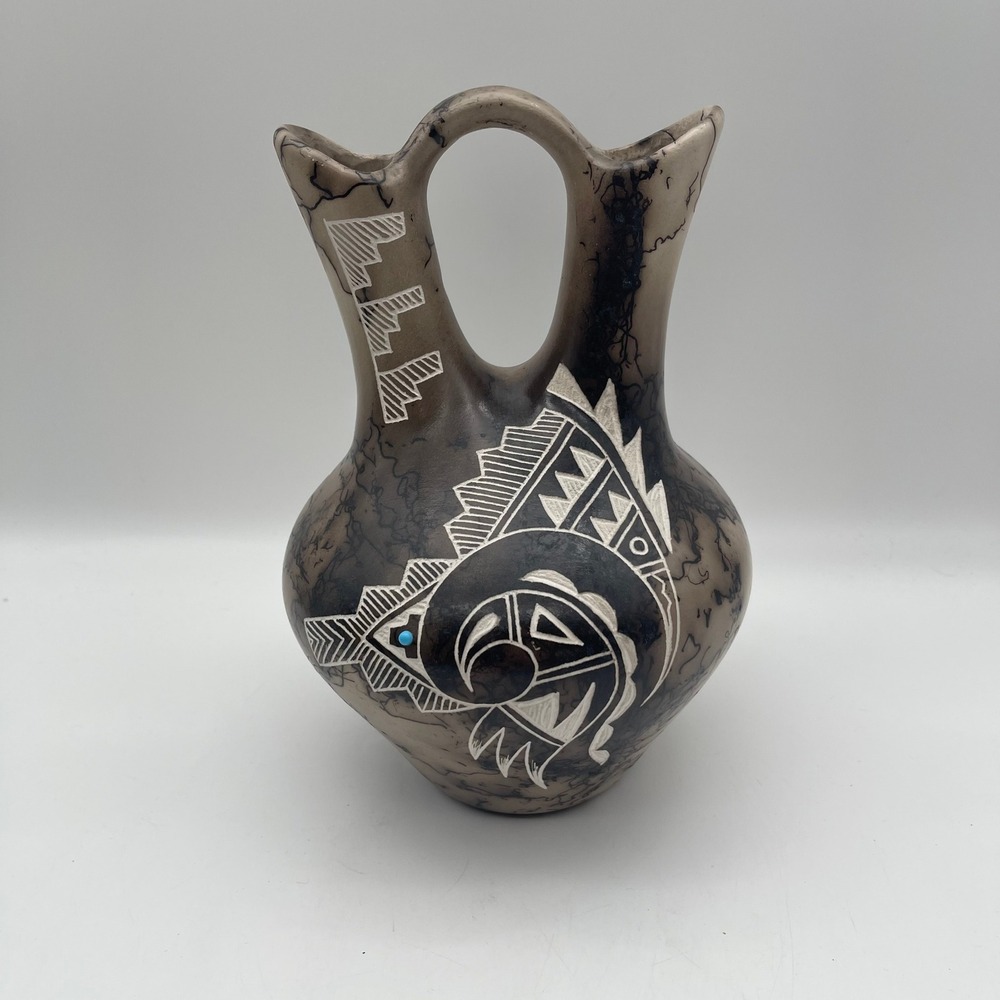 Corrine Louis Acoma Pueblo Horsehair Pottery Wedding Vase Kokopelli Turquoise